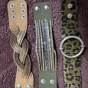 Set of 3 Beaded & Leopard bracelets - Tan, Olive, Green